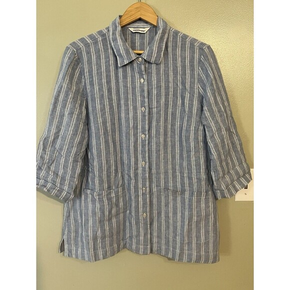 Coldwater Creek Tops - Coldwater Creek Womens 100% Linen Striped  3/4 Sleeves Shirt Pockets Resort L